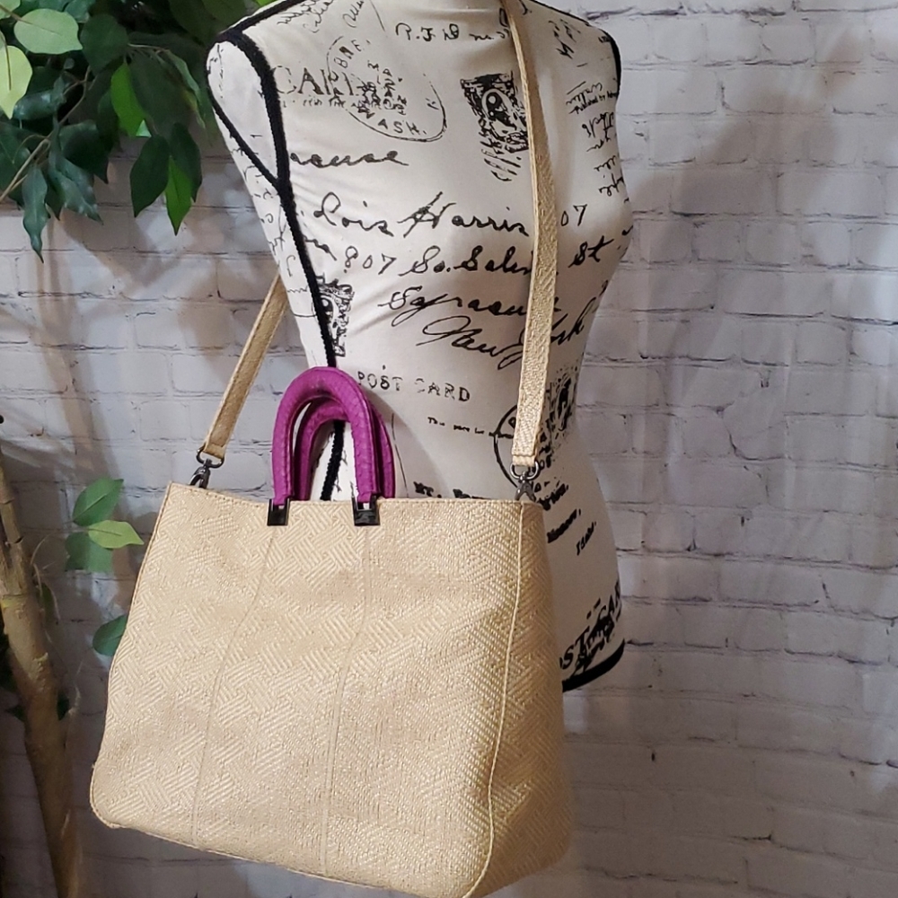 Beige Raffia Straw Tote Bag with Purple Handles - Women Bags Exotic Skin Handle